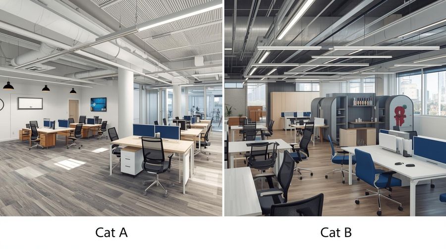 create-a-clear,-professional-split-screen-illustration-comparing-cat-a-vs-cat-b-office-fit-outs.__left-side-labeled-cat-a_-shows-a-basic-office-interior-with-raised-flooring,-suspended-ceilings,-air-conditioning-ducts,-basic-lighting,-and-s.jpg